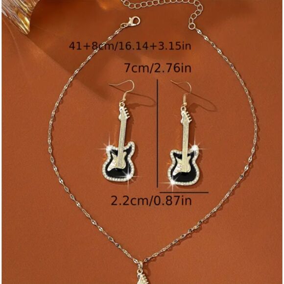 Gold Black Electric Guitar Necklace Dangle Earrings Set - Picture 5 of 5